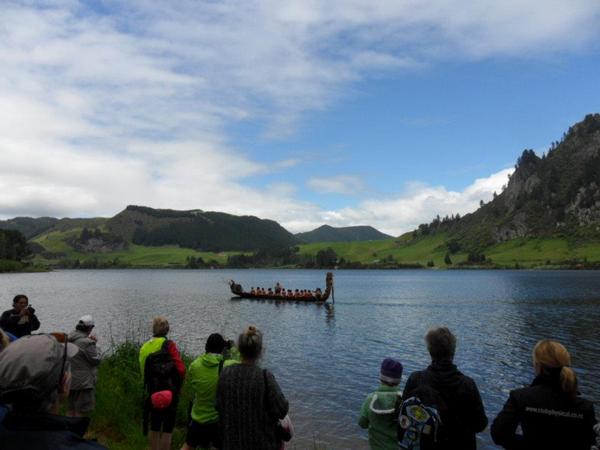 A Waka on Lake Maraetai welcomes guests at the opening of the Waikato River Trail at Whakamaru Reserve.
